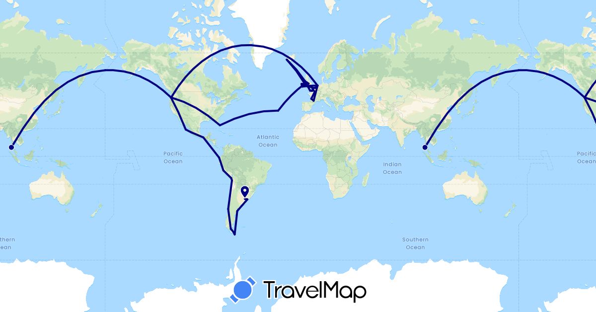 TravelMap itinerary: driving in Argentina, Belgium, Chile, Ecuador, France, United Kingdom, Ireland, Iceland, Mexico, Netherlands, Peru, Thailand, United States, Uruguay (Asia, Europe, North America, South America)