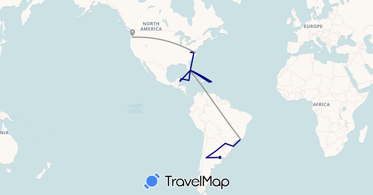 TravelMap itinerary: driving, plane in Argentina, Brazil, Bahamas, Cayman Islands, Mexico, United States, British Virgin Islands (North America, South America)